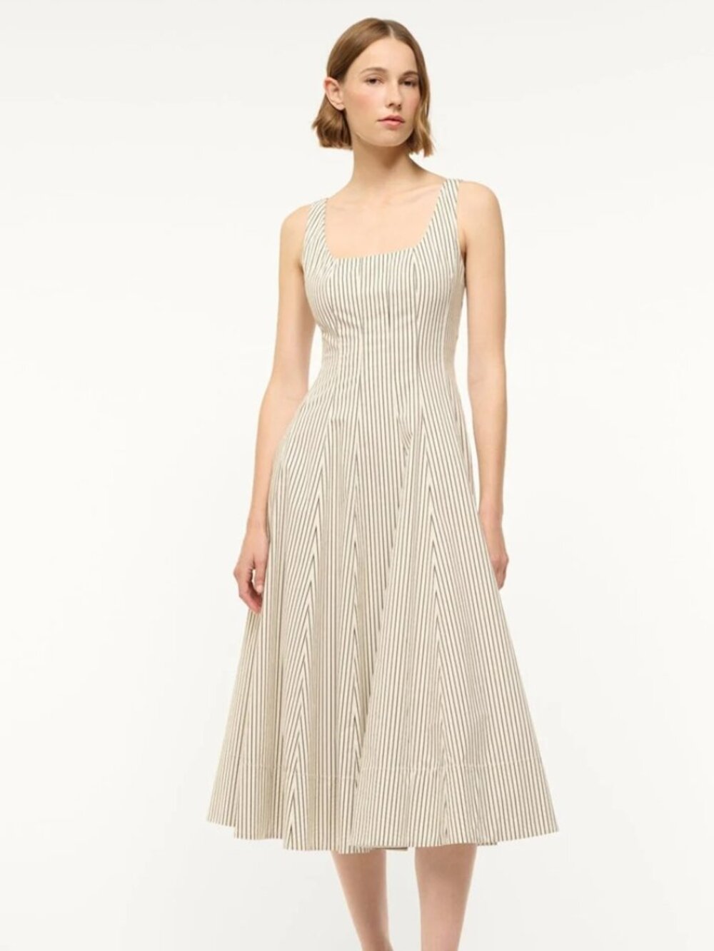 STAUD WELLS DRESS IVORY DARK OAK MICRO STRIPE New Sz 4
